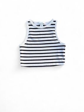 H&M Black and White Striped Ribbed Racerback Crop Tank Top Size M